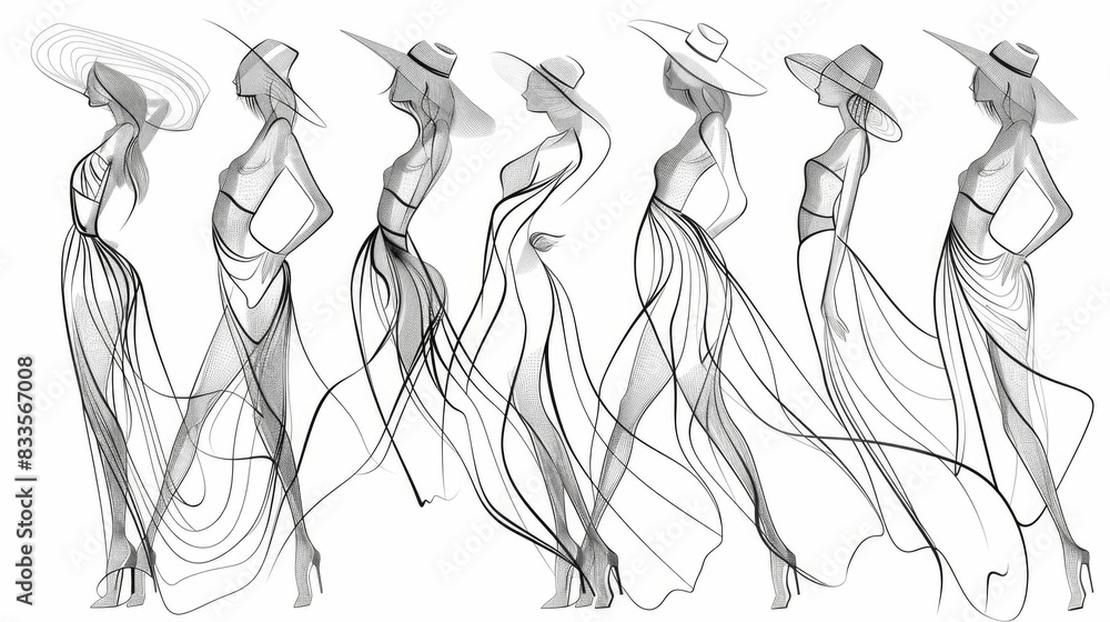 Poster elegant and stylish silhouettes of fashion models captured in a continuous line style highlighting t