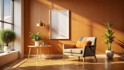 a rendering of a living room with a chair and a picture frame, poster composition, poster art style, poster background, living room wall background, poster style, realistic shaded lighting poster