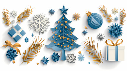 Xmas modern design set in paper cut style with Christmas tree, holiday covers or banners,vector illustration