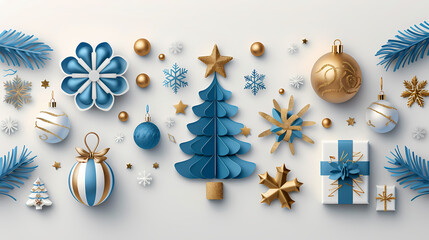 Fototapeta premium Xmas modern design set in paper cut style with Christmas tree, holiday covers or banners,vector illustration