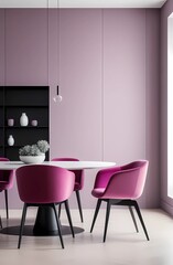 Dining room in white and accent colors of pink. Pink with black details interior. Stylish design. Modern room with blank walls. 