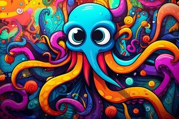 doodle background design, colorful octopus graffiti art