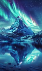 beautiful northern snowy mountain with aurora borealis at night, north pole nature at winter