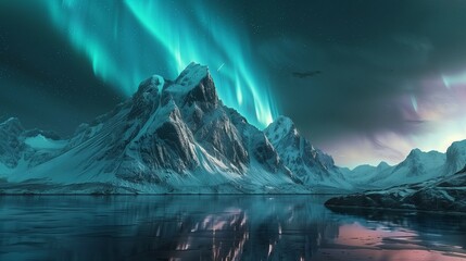 beautiful northern snowy mountain with aurora borealis at night, north pole nature at winter