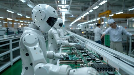 Advanced high precision robotic arm on chip manufacturing. Production of electronic devices. Installation of components on printed circuit board. automated state-of-the-art PCB assembly line