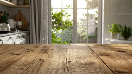 Fototapeta premium Rustic Wooden Table in Cozy Kitchen with Sunlight and Greenery 