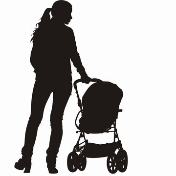 recommend clip art: vector silhouette of a woman with a baby stroller on a white background .Generative AI