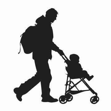recommend clip art: vector silhouette of a man with a baby stroller on a white background .Generative AI