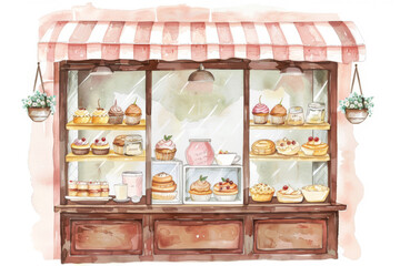 A colorful bakery shop, watercolor illustration of a cute cafe