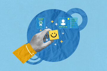 Creative art collage of customer show smile face emoticon for rating. Service rating, satisfaction and positive feedback concept