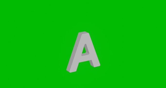 Animation of rotation of a white capital letter A symbol with shadow. Simple and complex rotation. Seamless looped 4k animation on green chroma key background