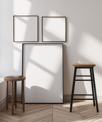 Two wooden stools and three empty frames on a white wall with sunlight. Interior design with natural elements. Studio setup for design and print