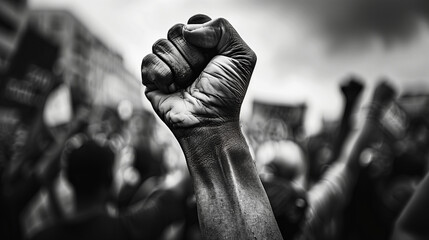 The black and white photo shows a raised fist of a protester during a political demonstration. This scene shows the determination and strength of an individual in fighting for their rights and beliefs