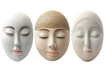 PNG, transparent background, isolated, 3 contemporary art face sculptures