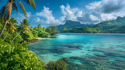Fototapeta premium A paradise landscape of one of the islands of French Polynesia, where turquoise waters combined with lush vegetation create a unique atmosphere.
