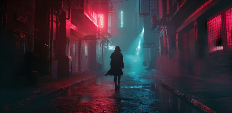 man in dark futuristic cyberpunk city, person staying at street in anti utopia environment, fantasy and sci fi