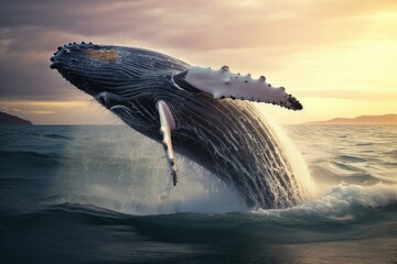 Fototapeta premium Stunning image capturing a humpback whale leaping from the ocean against a sunset backdrop