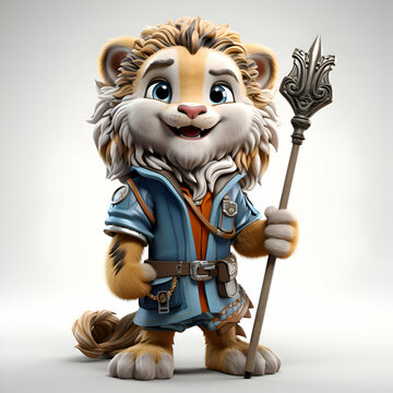 Cute cartoon lion in a medieval costume with a spear on a gray background