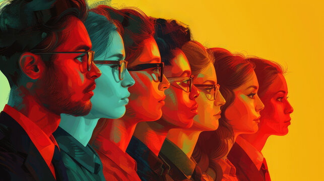 A group of diverse professionals, including a man and woman, wearing glasses and looking forward with determination.
