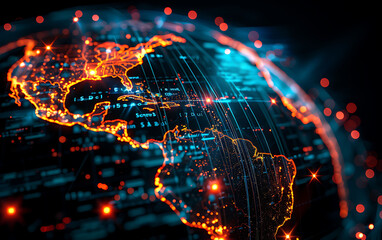 Dynamic digital globe of Americas with rapid, glowing data lines illustrating high-speed connectivity