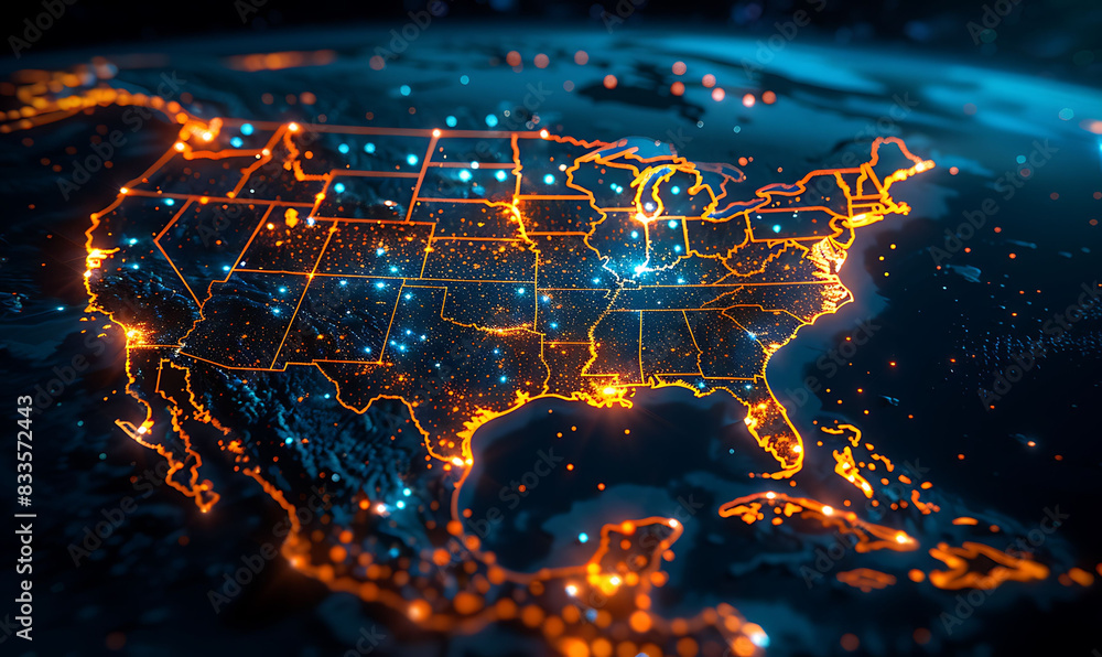 Leinwandbilder intense digital map of the us with rapid, glowing data lines illustrating high-speed connectivity