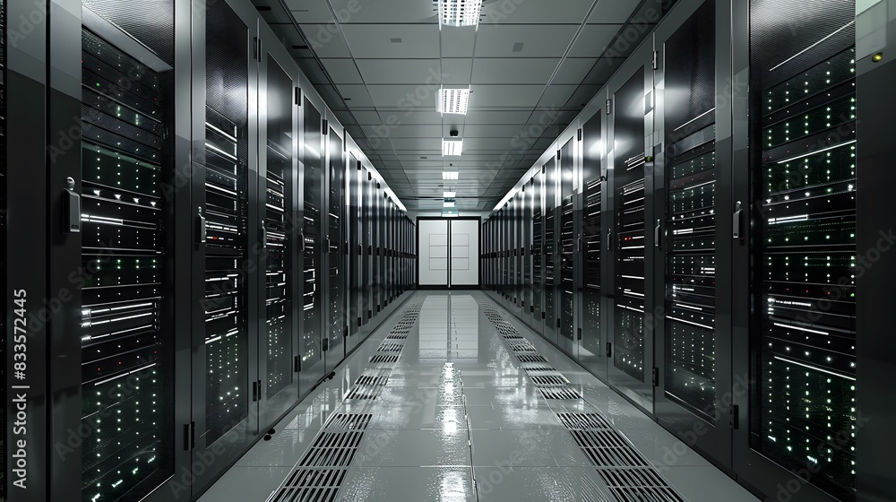 Poster futuristic server room with supercomputers