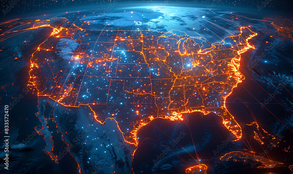 Poster intense digital map of the us with rapid, glowing data lines illustrating high-speed connectivity