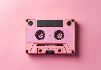 A music cassette tape placed on a pink background.
