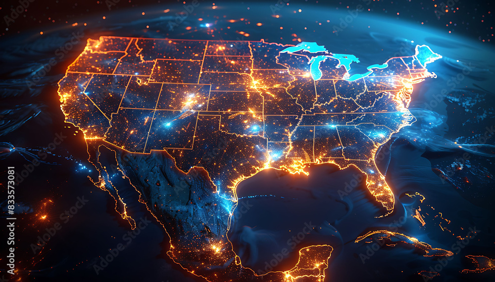 Poster High-speed digital map of the United States with vibrant data lines illustrating intense connectivity