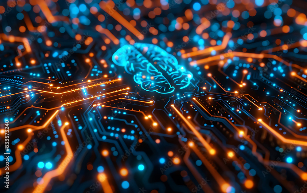 Fototapete close-up of cyber brain with glowing pathways, representing ai and quantum computing advancements