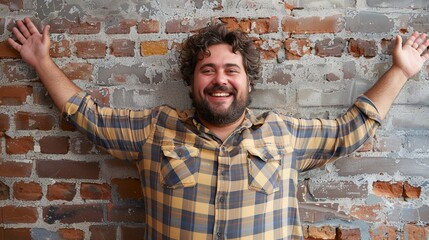 Obraz premium a man with a beard standing in front of a brick wall