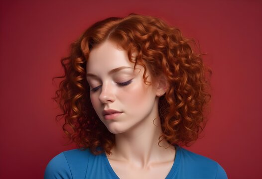 Modella occhi chiusi capelli rossi, sfondo studio rosso