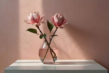 Fototapeta premium Beautiful pink magnolia flower in transparent glass vase standing on white table, sunlight on pastel pink wall.