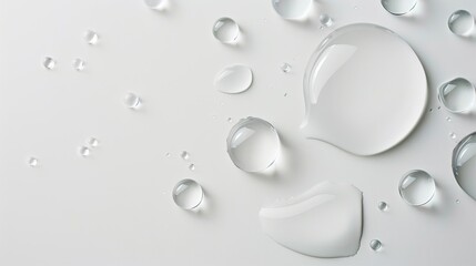 Close up of water drops on a white surface, reflecting light. High resolution photography. 
