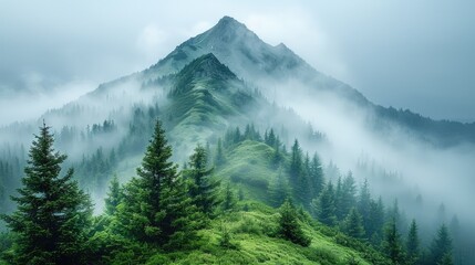 Fototapeta premium A beautiful landscape of misty mountains. The mountains are covered in lush green forests, and the fog gives the scene a mysterious and ethereal feel.
