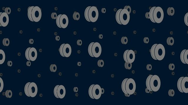 3D printing filament symbols float horizontally from left to right. Parallax fly effect. Floating symbols are located randomly. Seamless looped 4k animation on dark blue background