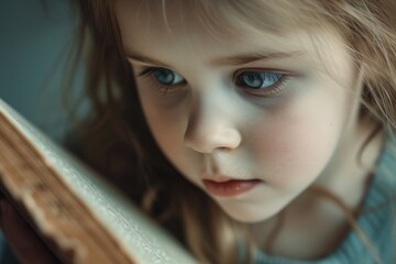 Close up of attractive child reading a book while looking at camera. Elementary student holding fairy tale novel book or bedtime stories with blurring background. Creative activity concept. AIG42. © InfiniteFlow