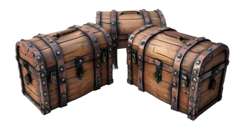 [Transparent Background PNG]Three old wooden treasure chests with metal.