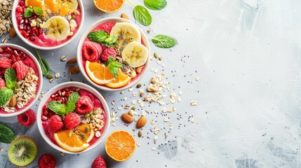 Four bowls of oatmeal topped with fruit and nuts displayed on a table, showcasing a delicious and...