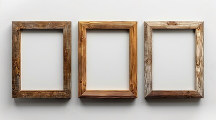 three wooden frames on a white background. The frames are of different sizes and colors.