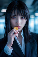 a japanese woman kissing a Bitcoin generated by AI