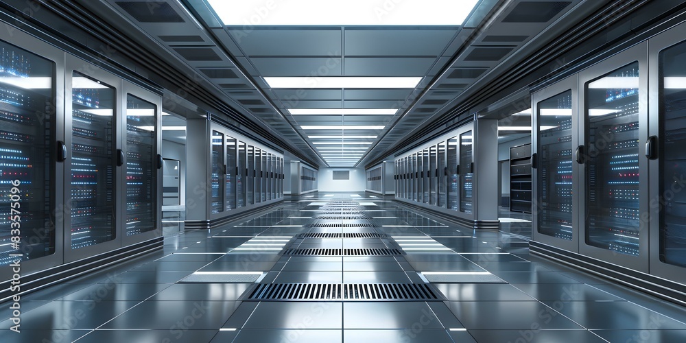 Poster futuristic server room with supercomputers