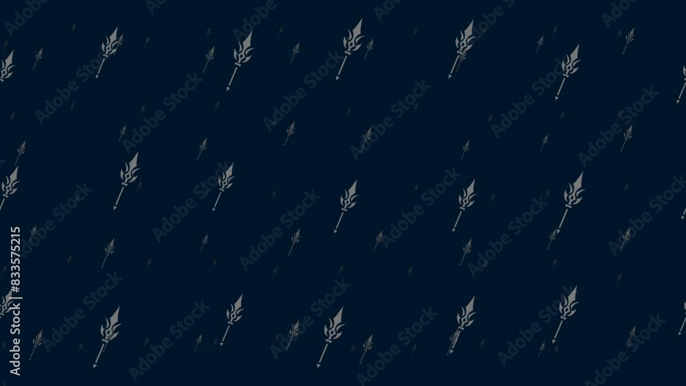 Poster mystical spear symbols float horizontally from left to right. parallax fly effect. floating symbols 