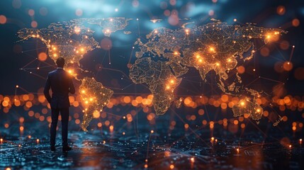 A businessman looking at a world map made of glowing lights. 