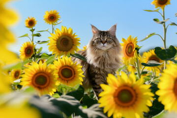 a cat and sunflowers generated by AI