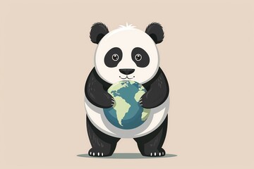 Naklejka premium A giant panda gently holding Earth front view, guardian animals theme