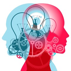 Two intertwined silhouettes, filled with intricate mechanical gears and light bulbs, symbolising the vibrant complexity of thought processes and ideas overlapping.