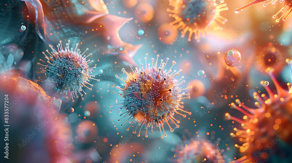 Poster Vibrant microscopic view of viruses with spiky surfaces, surrounded by particles and biological structures