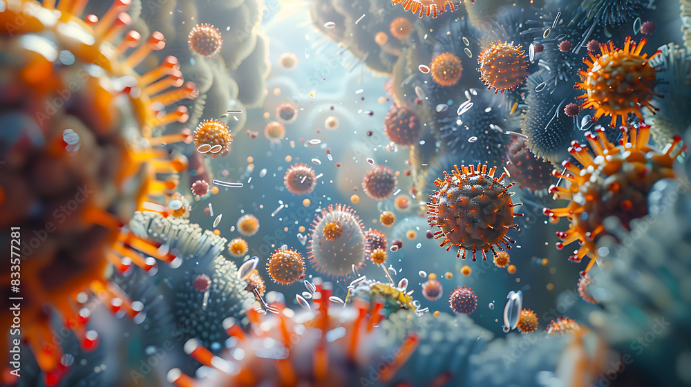 Poster vibrant microscopic view of viruses with spiky surfaces, surrounded by particles and biological stru
