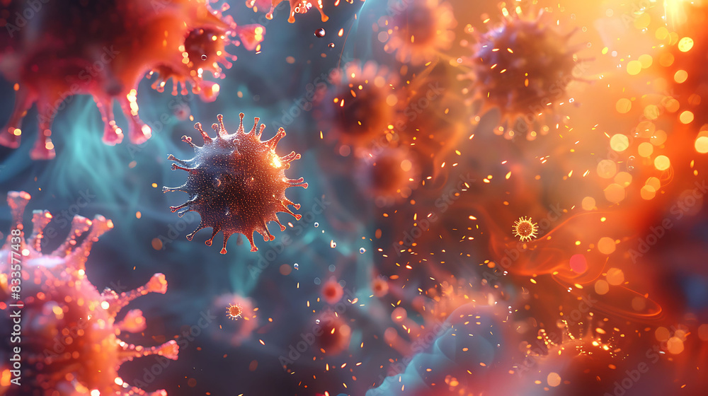 Aufkleber vibrant microscopic view of viruses with spiky surfaces, surrounded by particles and biological stru